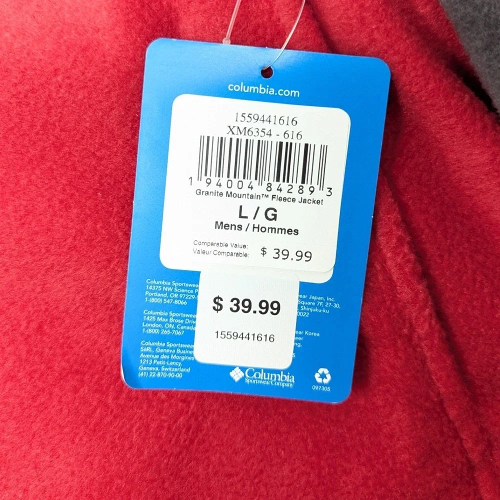 Columbia Men Granite Mountain Fleece Jacket Red Grey Size L Full Zip Lightweight